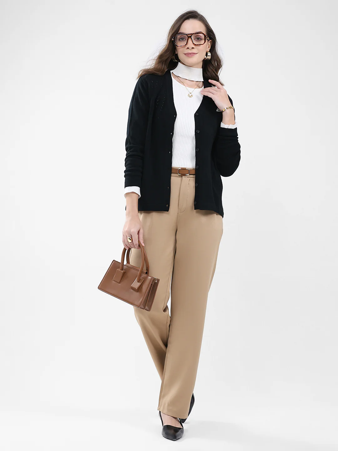 Women Black Self Design V Neck Full Sleeve Cardigan - Image 2