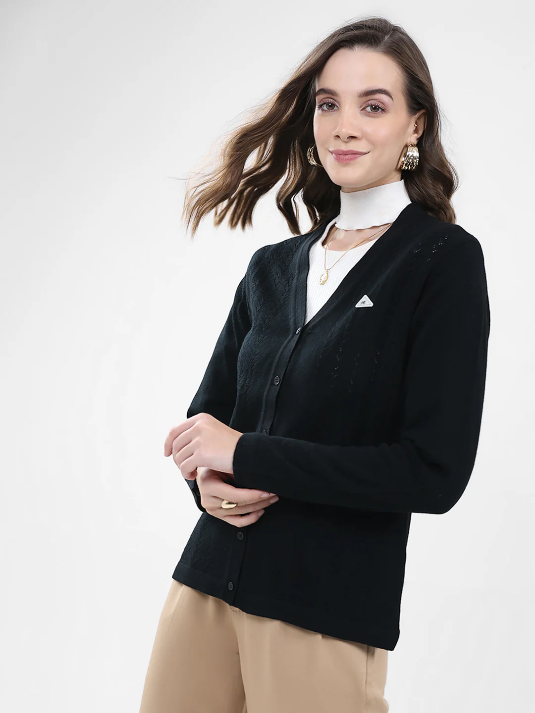 Women Black Self Design V Neck Full Sleeve Cardigan - Image 3