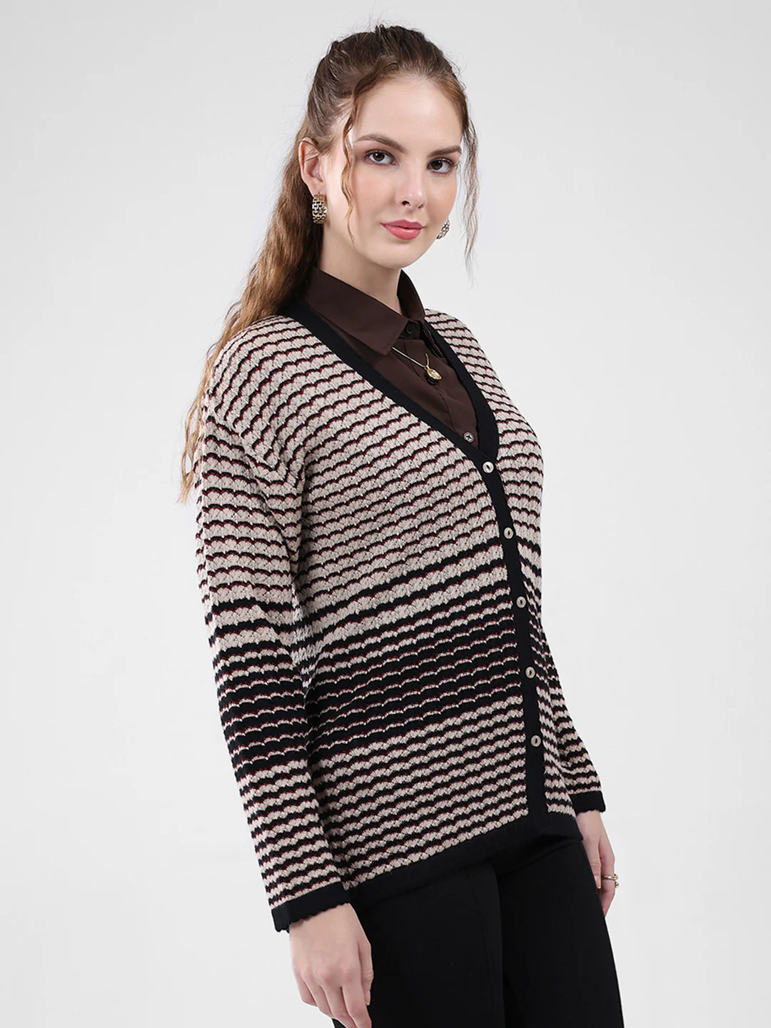 Women Black Self Design V Neck Full Sleeve Cardigan - Image 4