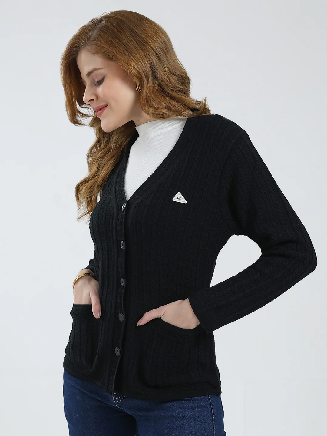 Women Black Self Design V Neck Full Sleeve Cardigan - Image 3