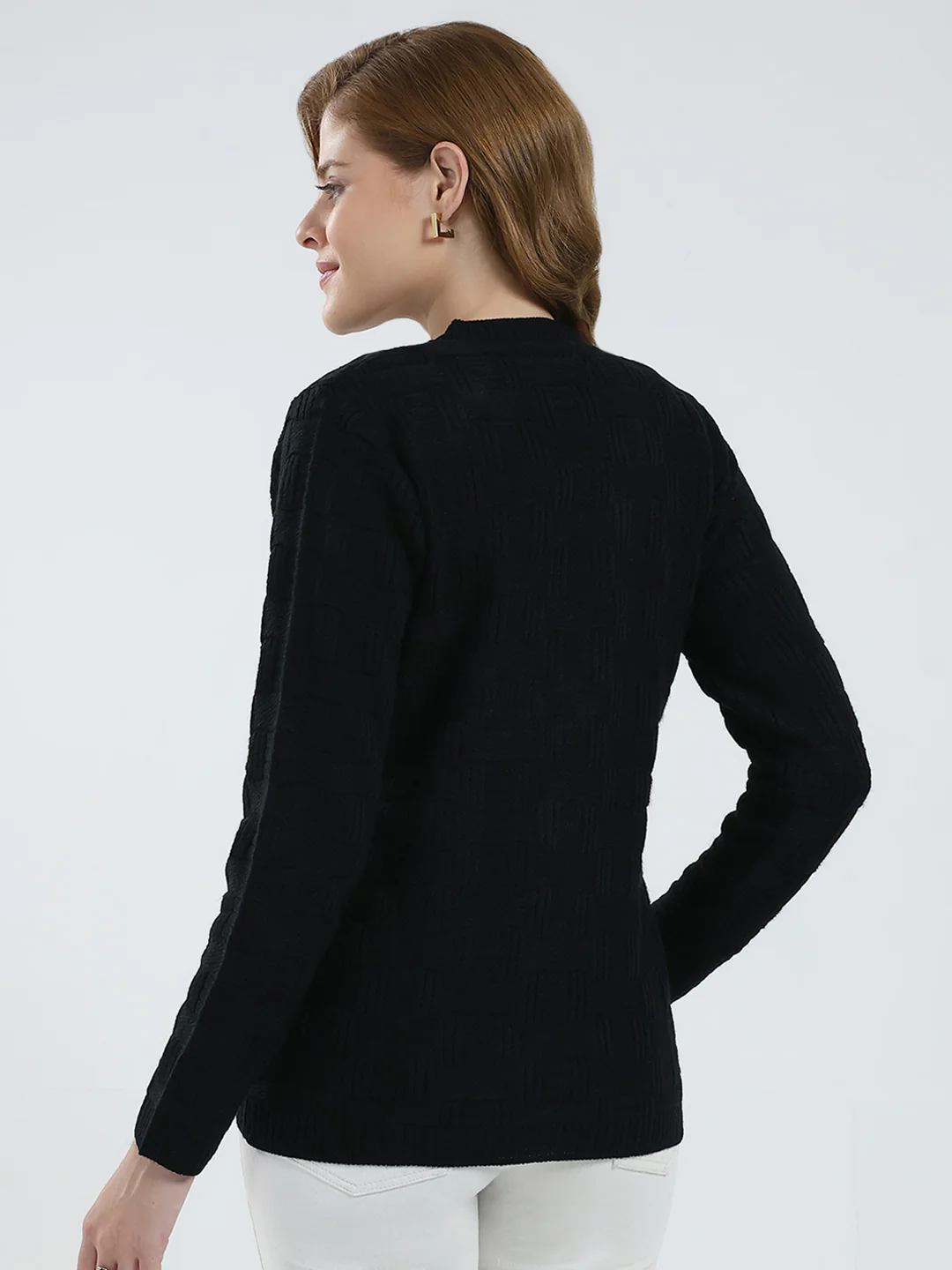 Women Black Self Design V Neck Full Sleeve Cardigan - Image 5