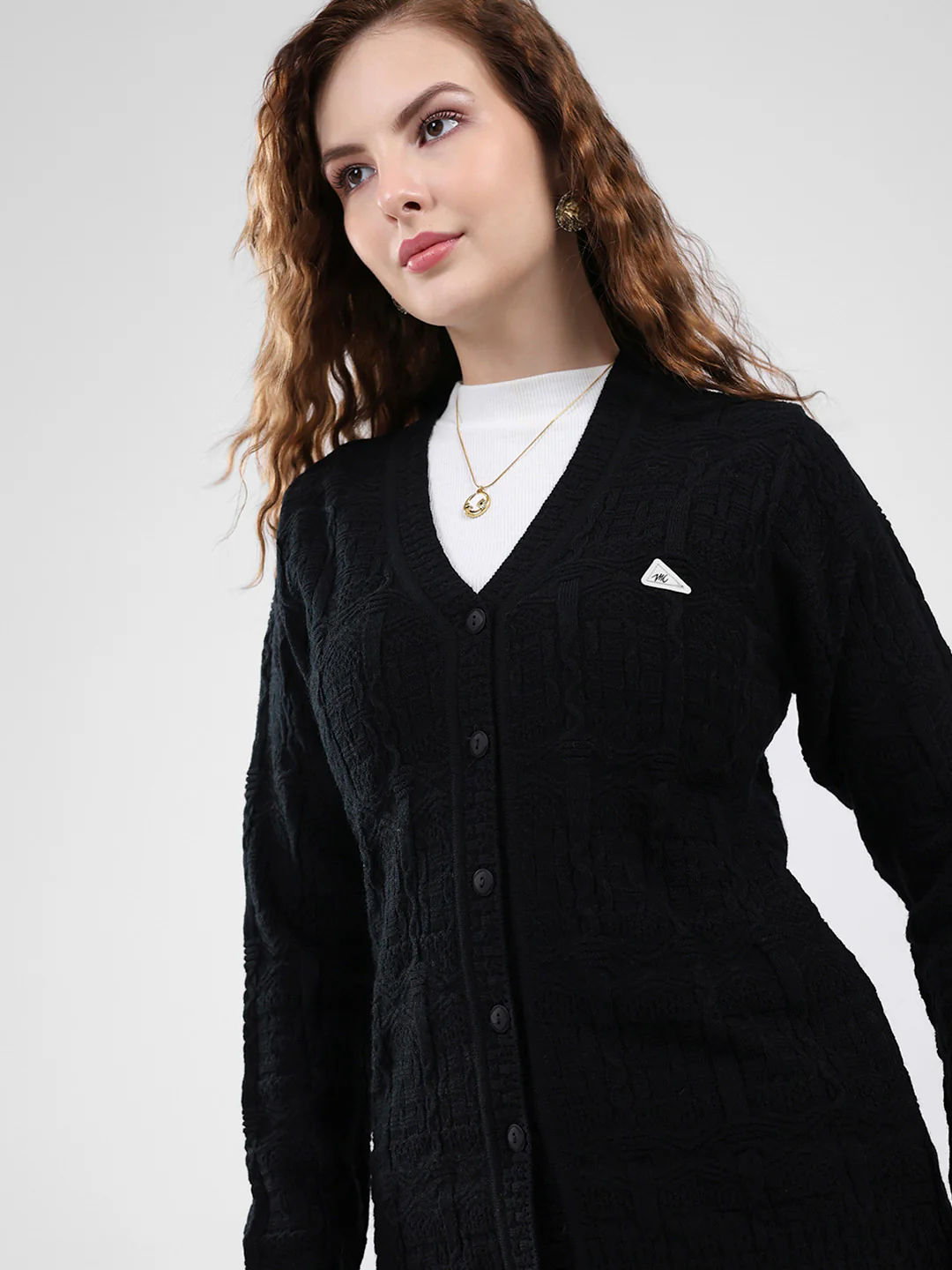 Women Black Self Design V Neck Full Sleeve Cardigan - Image 6
