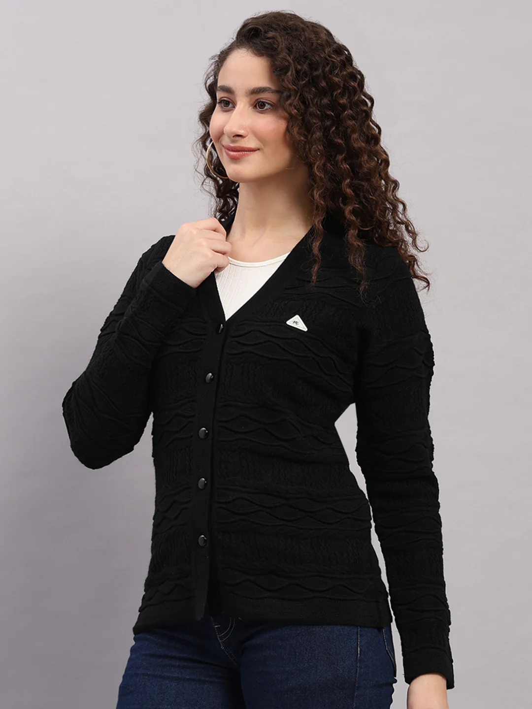 Women Black Self Design V Neck Full Sleeve Cardigan - Image 3