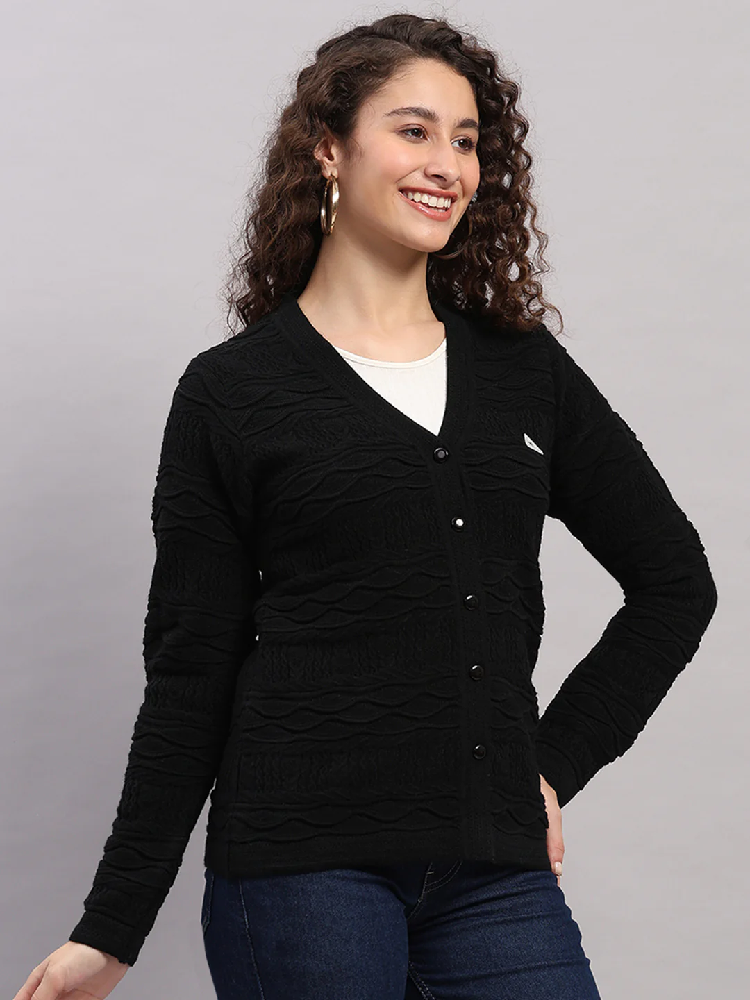 Women Black Self Design V Neck Full Sleeve Cardigan - Image 4