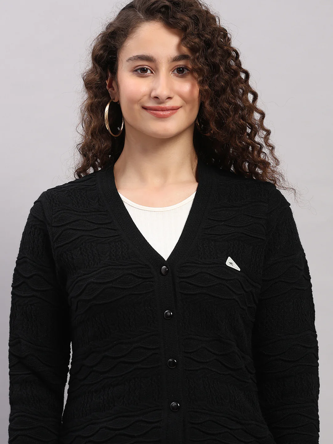 Women Black Self Design V Neck Full Sleeve Cardigan - Image 6