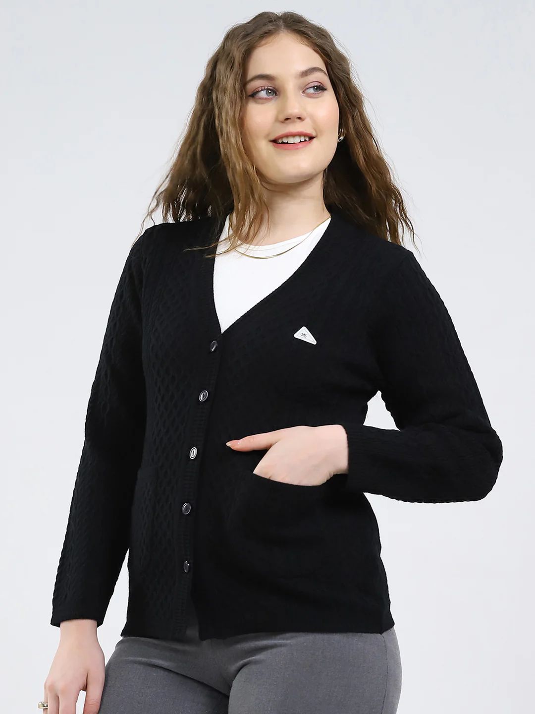 Women Black Self Design V Neck Full Sleeve Cardigan - Image 3