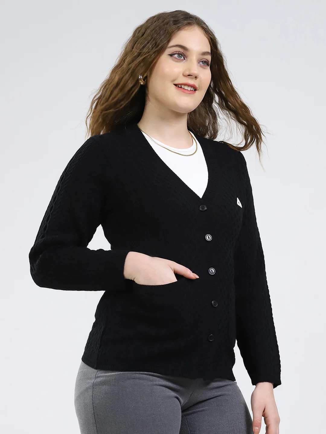 Women Black Self Design V Neck Full Sleeve Cardigan - Image 4