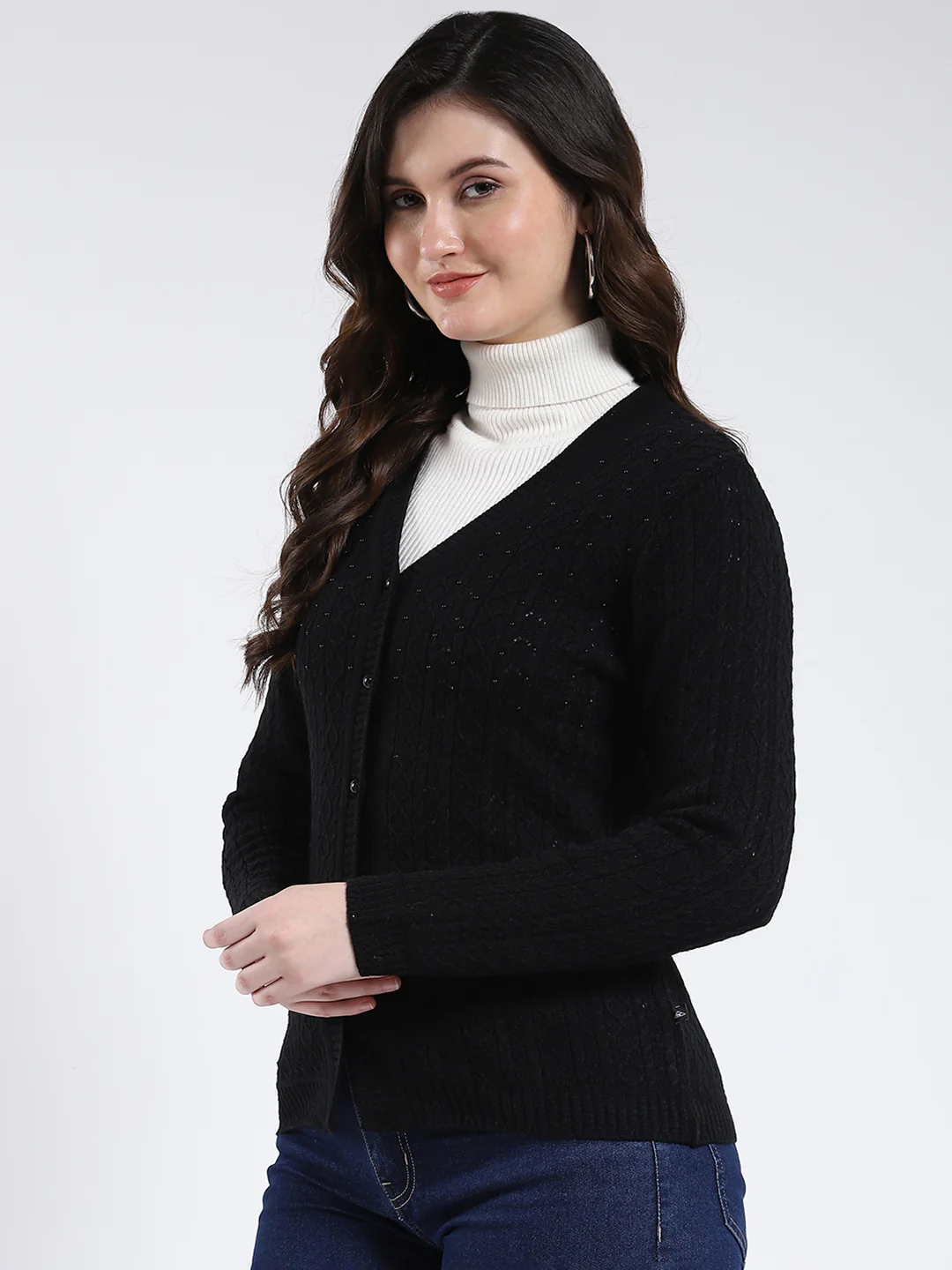 Women Black Self Design V Neck Full Sleeve Cardigan - Image 3