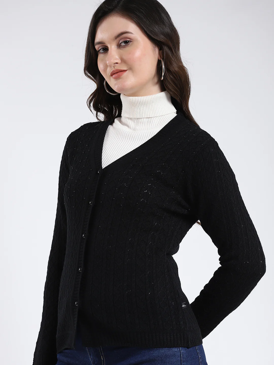 Women Black Self Design V Neck Full Sleeve Cardigan - Image 6