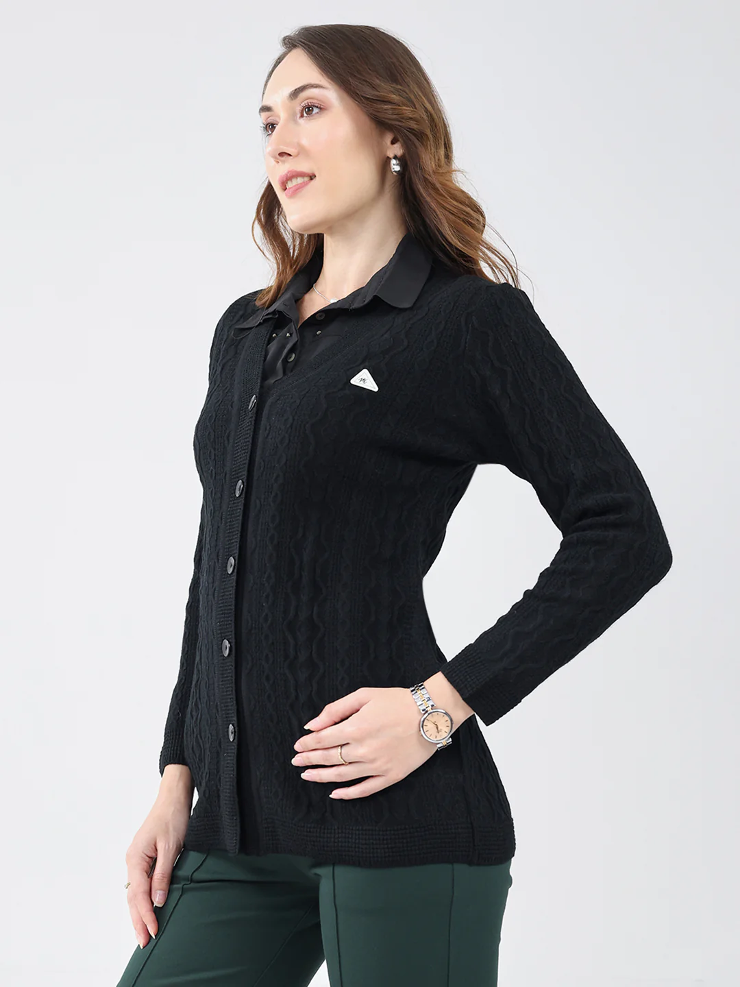 Women Black Self Design V Neck Full Sleeve Cardigan - Image 3