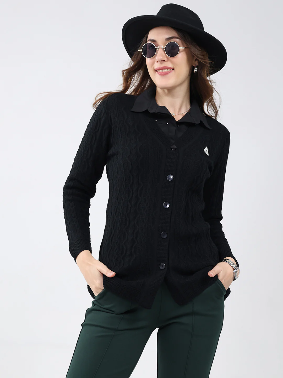 Women Black Self Design V Neck Full Sleeve Cardigan - Image 6