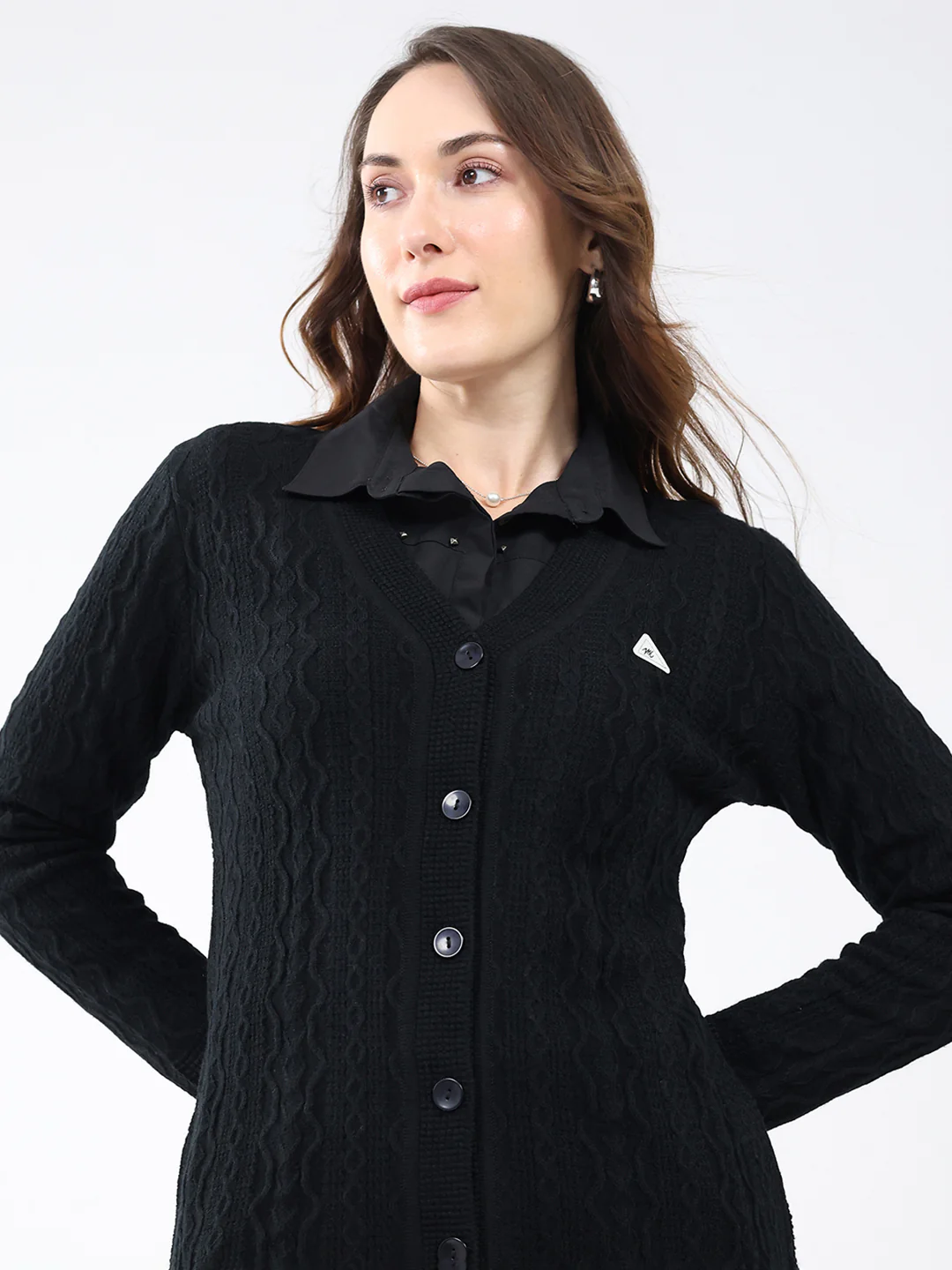 Women Black Self Design V Neck Full Sleeve Cardigan - Image 7