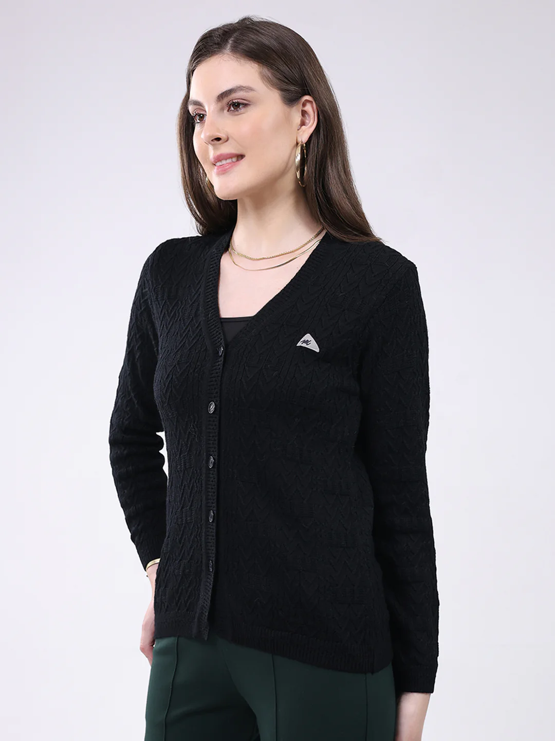Women Black Self Design V Neck Full Sleeve Cardigan - Image 3