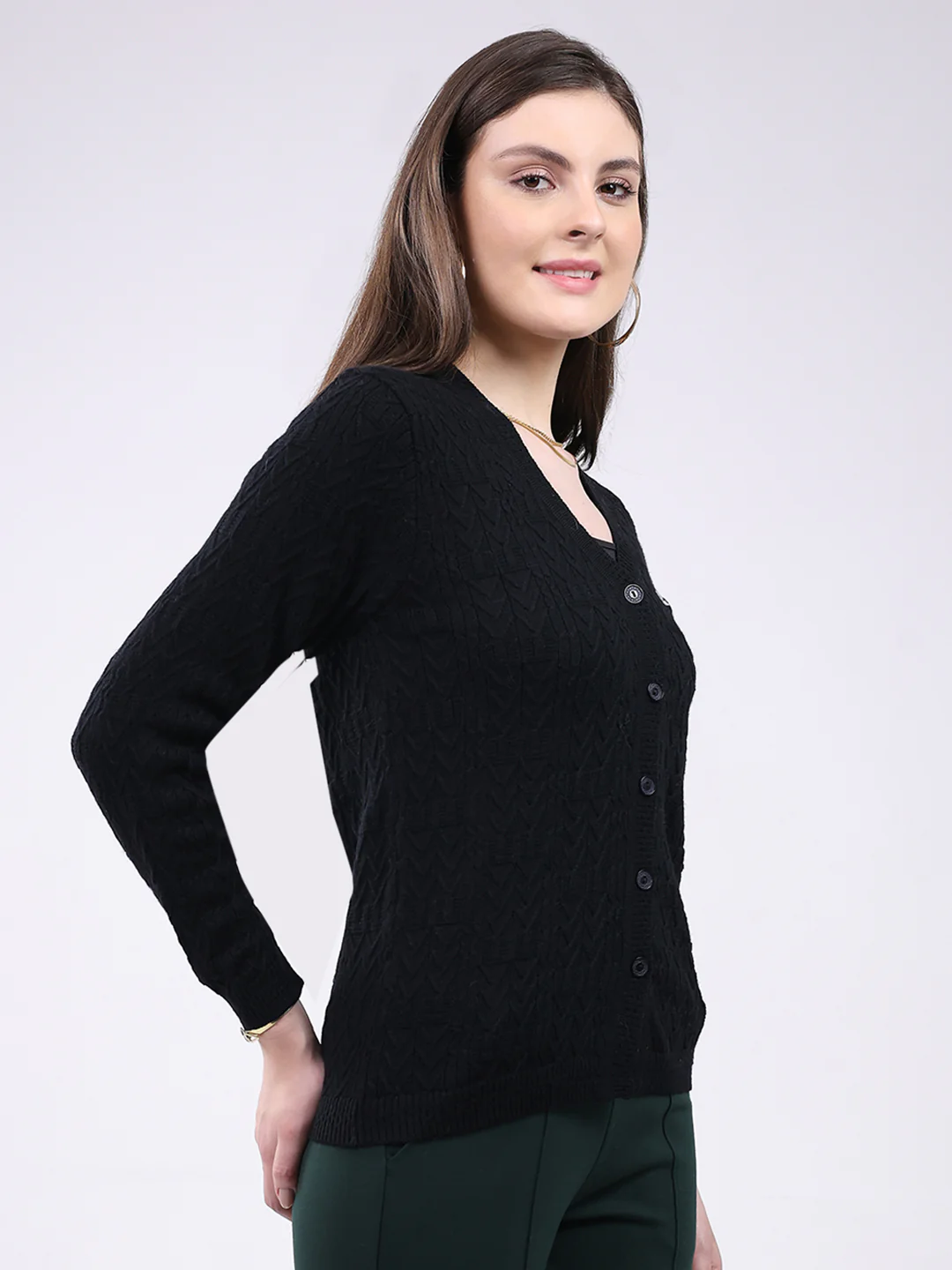 Women Black Self Design V Neck Full Sleeve Cardigan - Image 4