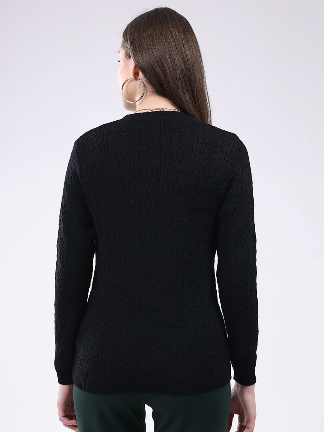 Women Black Self Design V Neck Full Sleeve Cardigan - Image 5