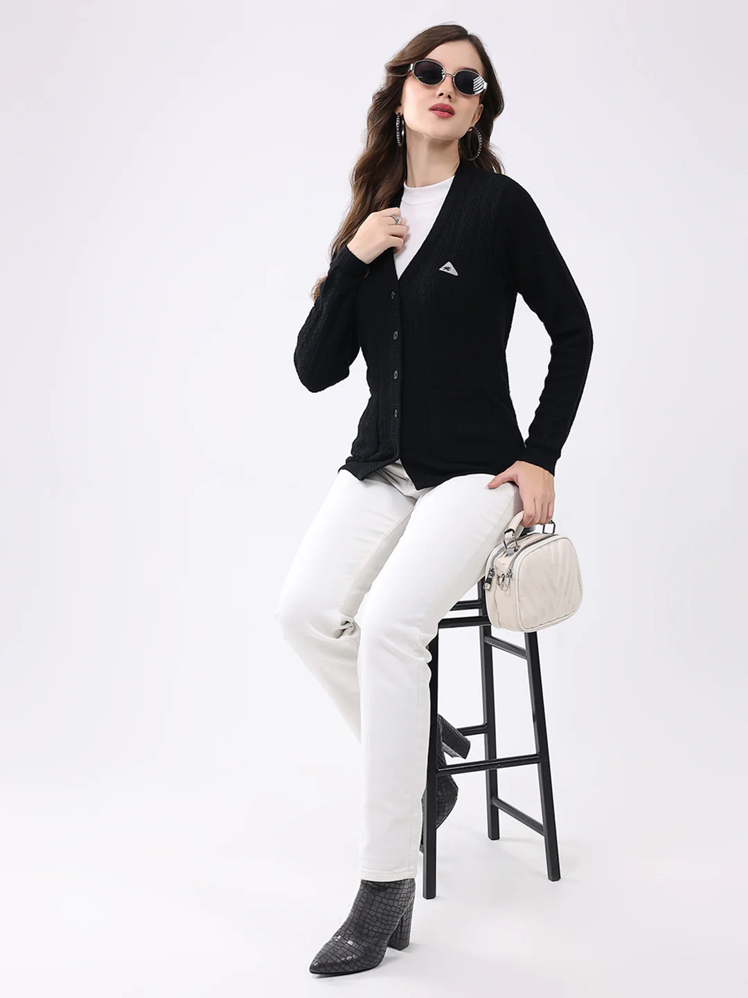Women Black Self Design V Neck Full Sleeve Cardigan - Image 2