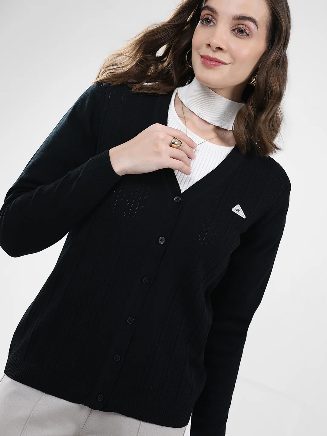 Women Black Self Design V Neck Full Sleeve Cardigan - Image 7