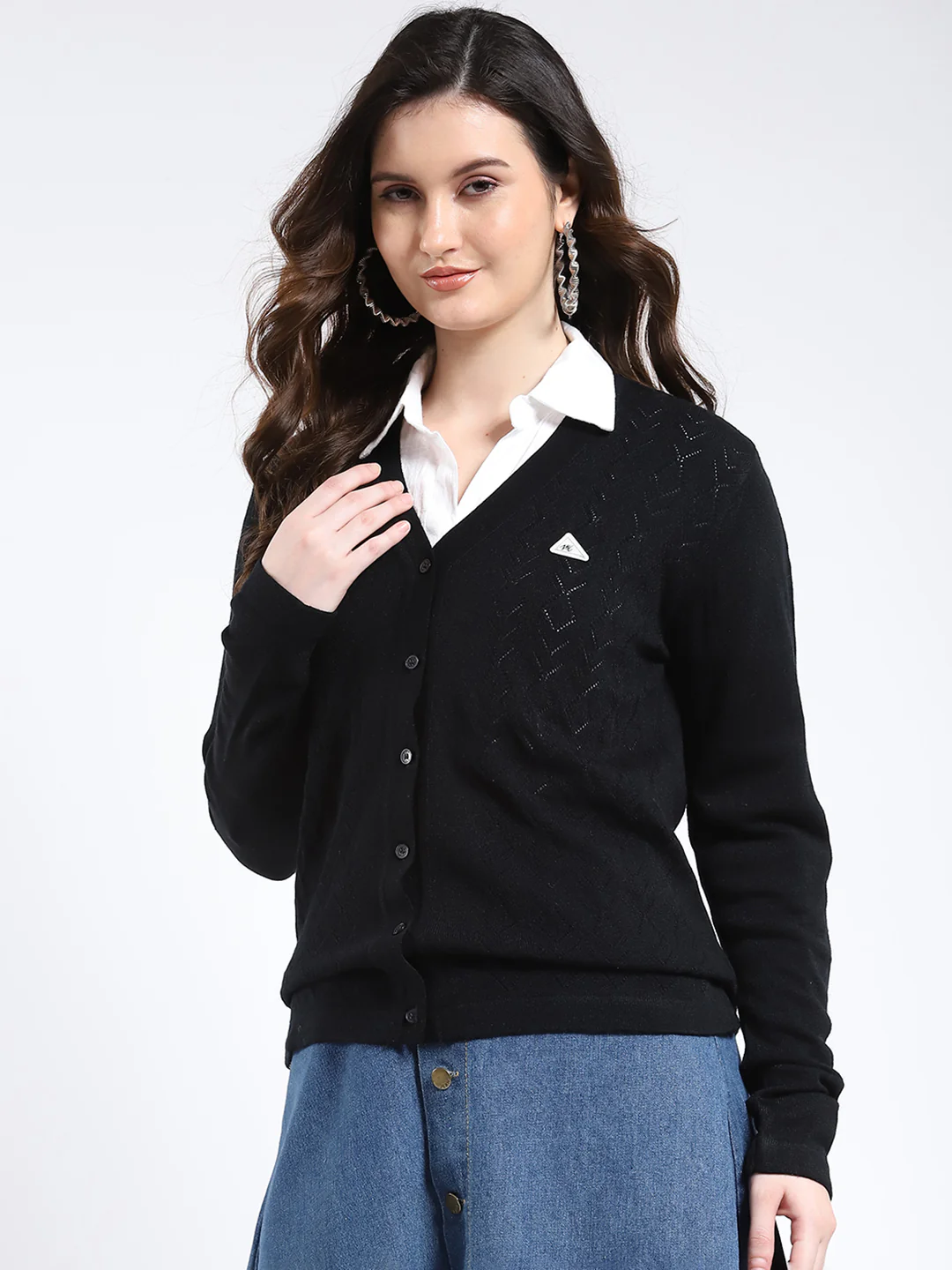 Women Black Self Design V Neck Full Sleeve Cardigan - Image 3