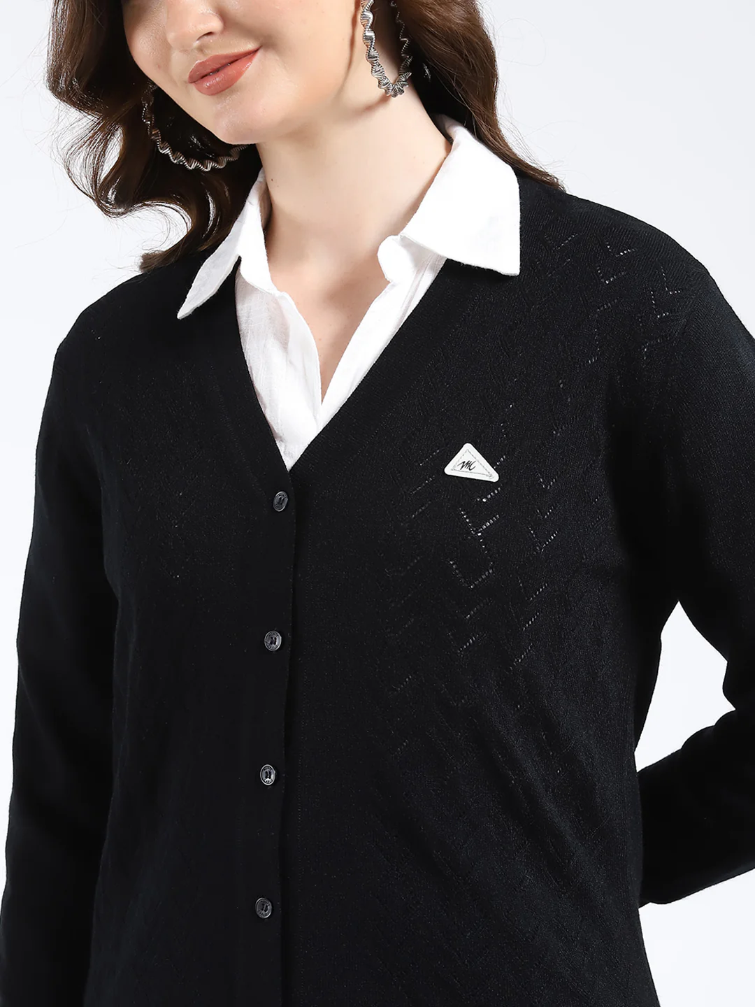 Women Black Self Design V Neck Full Sleeve Cardigan - Image 6