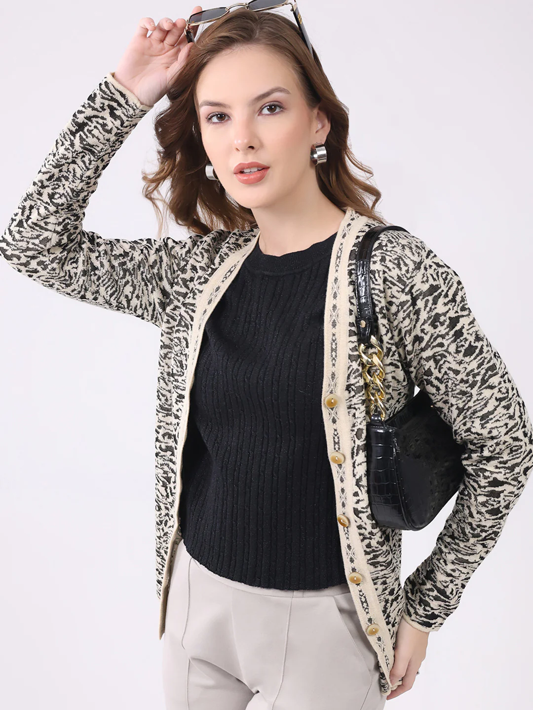 Women Black Self Design V Neck Full Sleeve Cardigan - Image 6