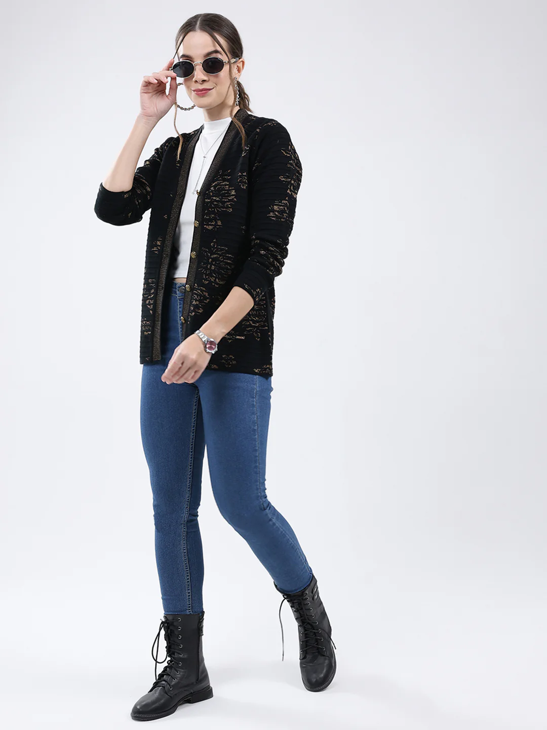 Women Black Self Design V Neck Full Sleeve Cardigan - Image 2