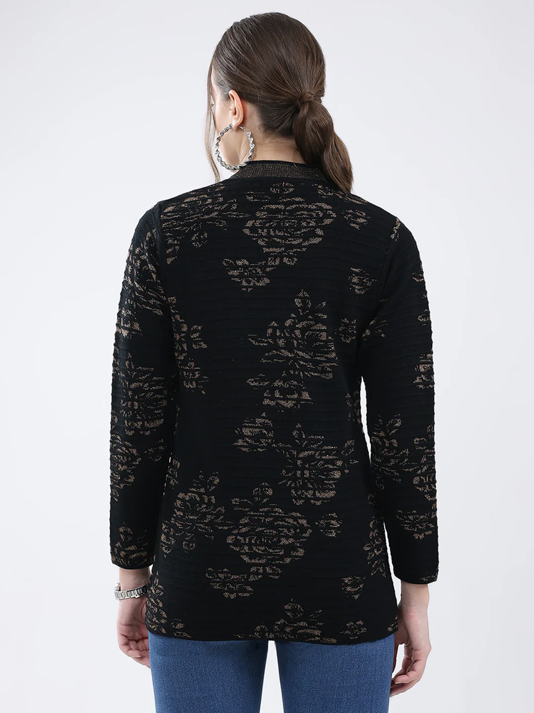 Women Black Self Design V Neck Full Sleeve Cardigan - Image 5