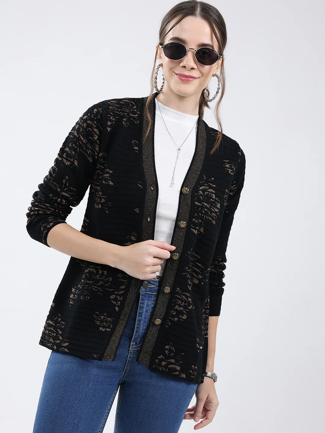 Women Black Self Design V Neck Full Sleeve Cardigan - Image 6