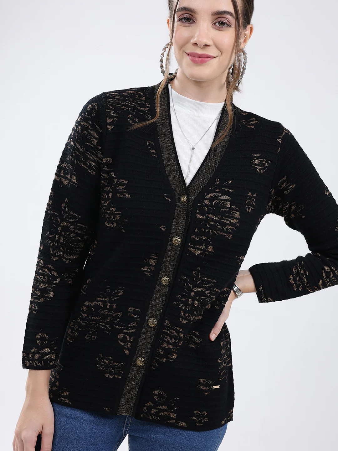 Women Black Self Design V Neck Full Sleeve Cardigan - Image 7