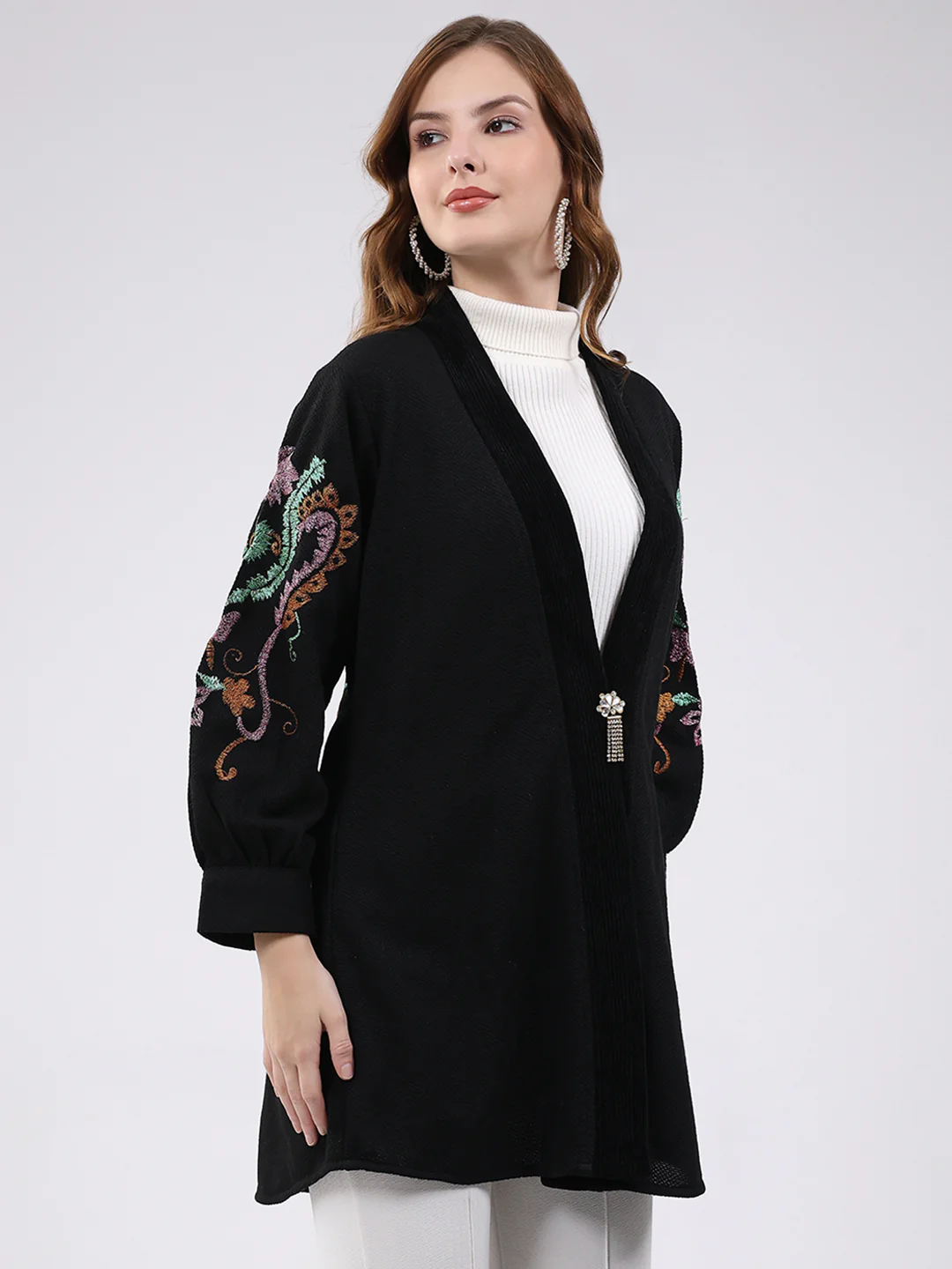 Women Black Self Design V Neck Full Sleeve Cardigan - Image 4