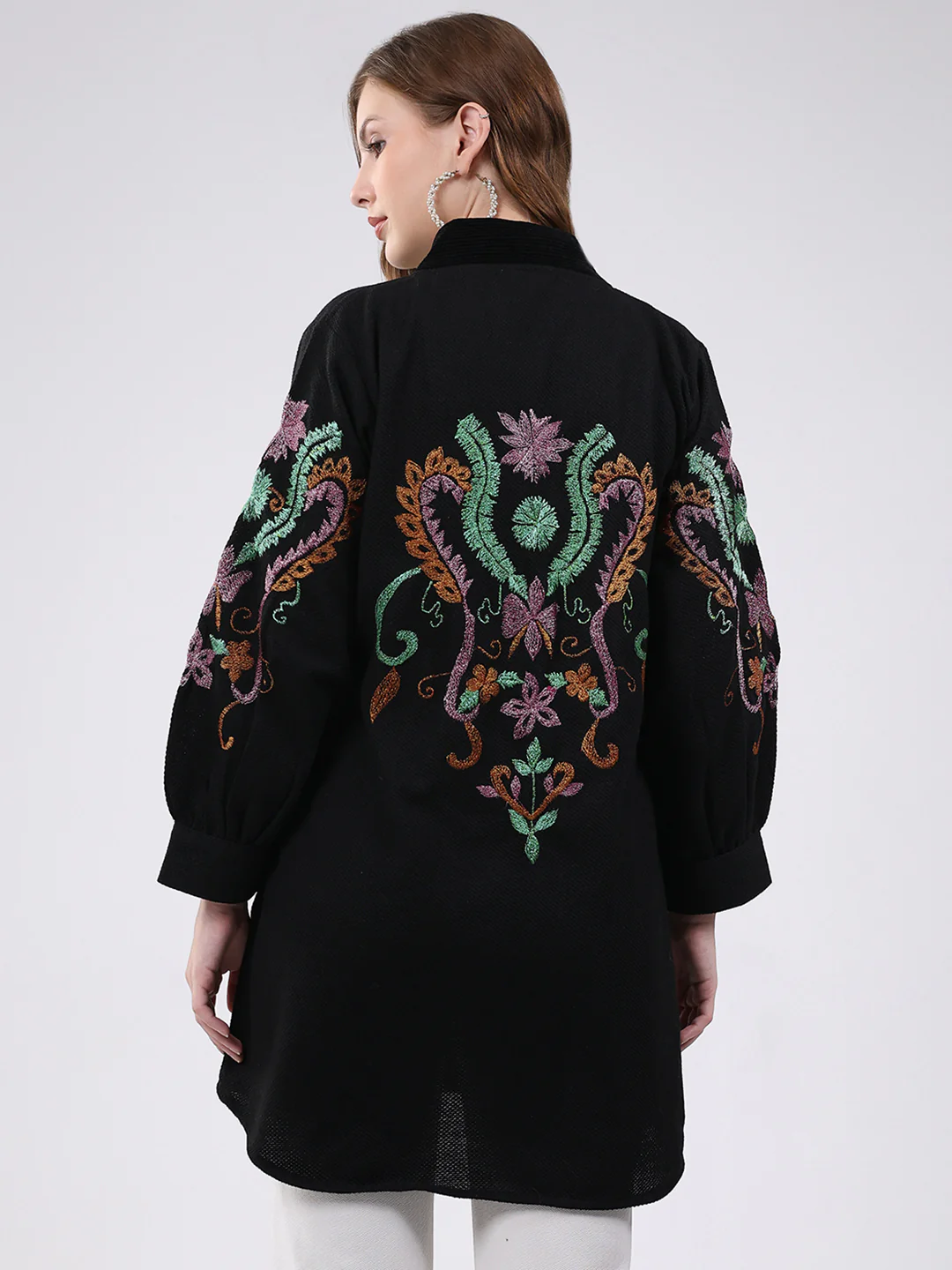 Women Black Self Design V Neck Full Sleeve Cardigan - Image 5