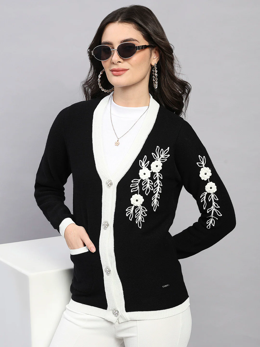 Women Black Self Design V Neck Full Sleeve Cardigan - Image 6