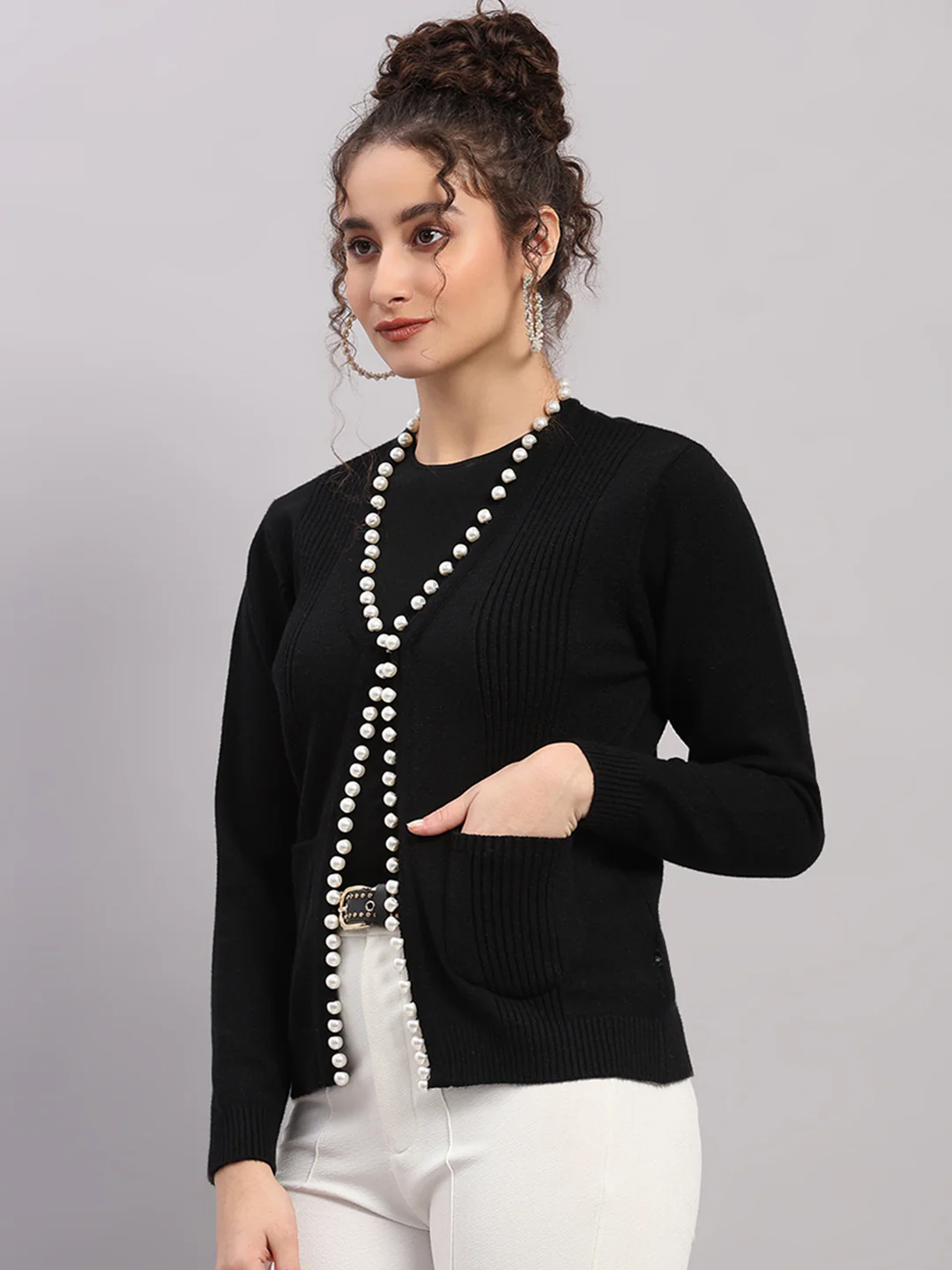 Women Black Self Design V Neck Full Sleeve Cardigan - Image 3