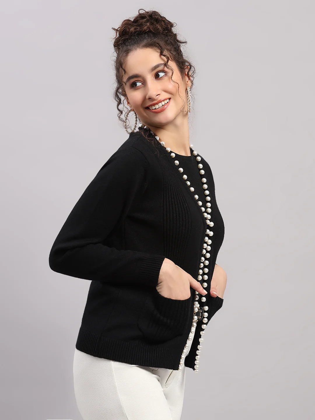 Women Black Self Design V Neck Full Sleeve Cardigan - Image 4