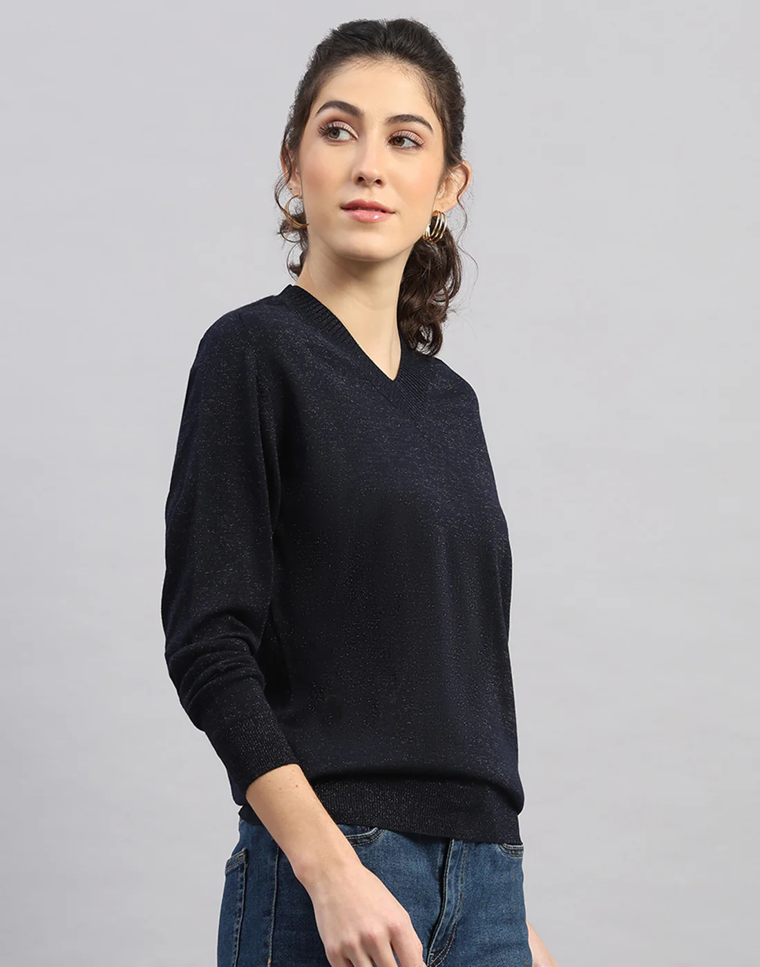 Women Black Self Design V Neck Full Sleeve Winter Top - Image 3