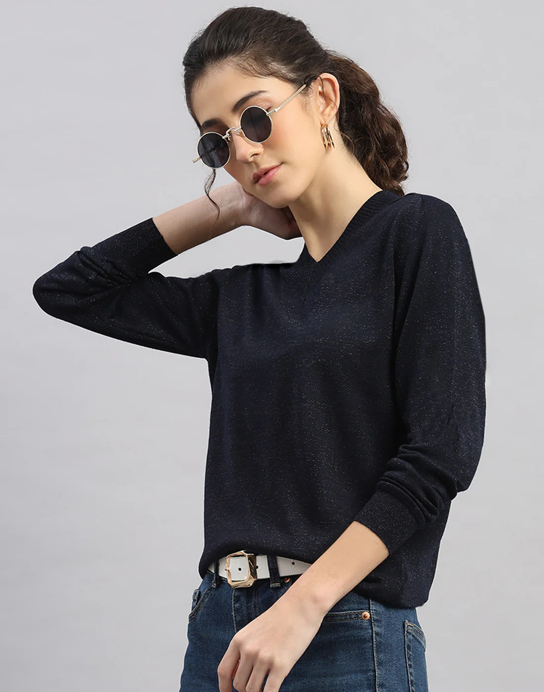 Women Black Self Design V Neck Full Sleeve Winter Top - Image 6