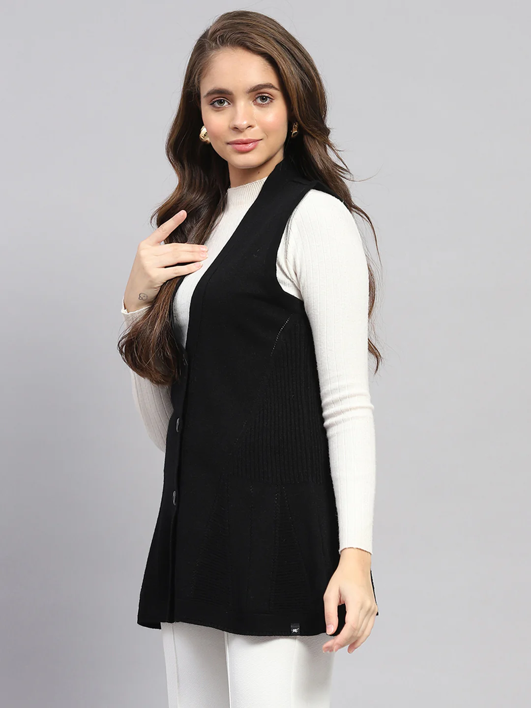 Women Black Self Design V Neck Sleeveless Cardigan - Image 2