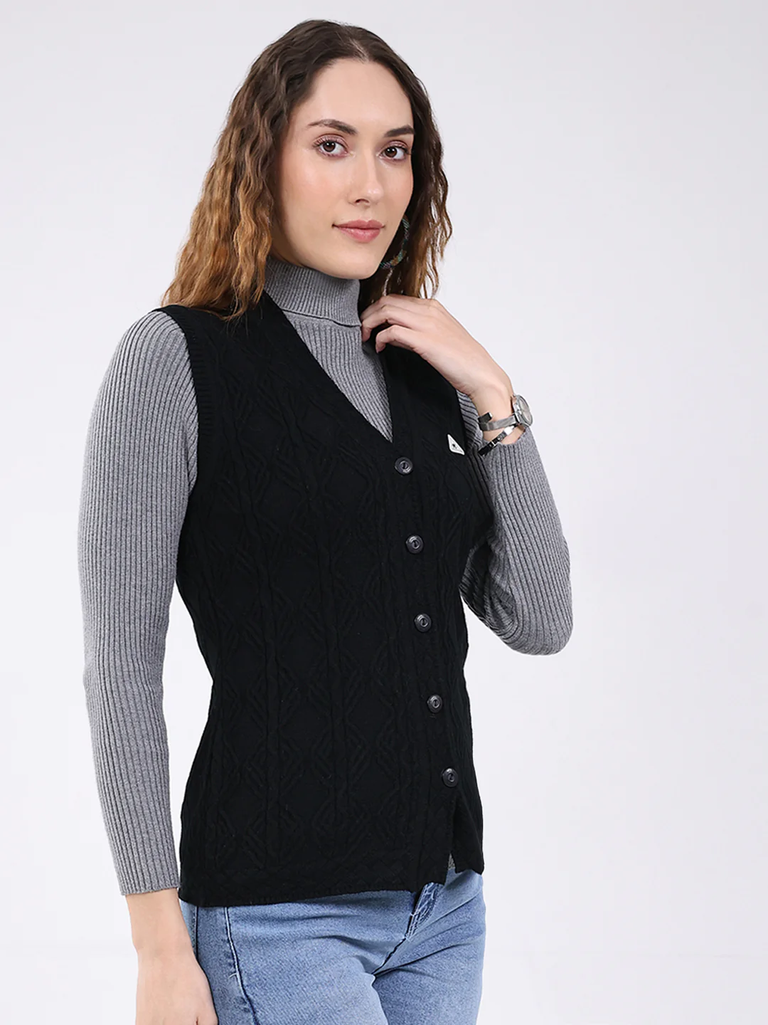 Women Black Self Design V Neck Sleeveless Cardigan - Image 4