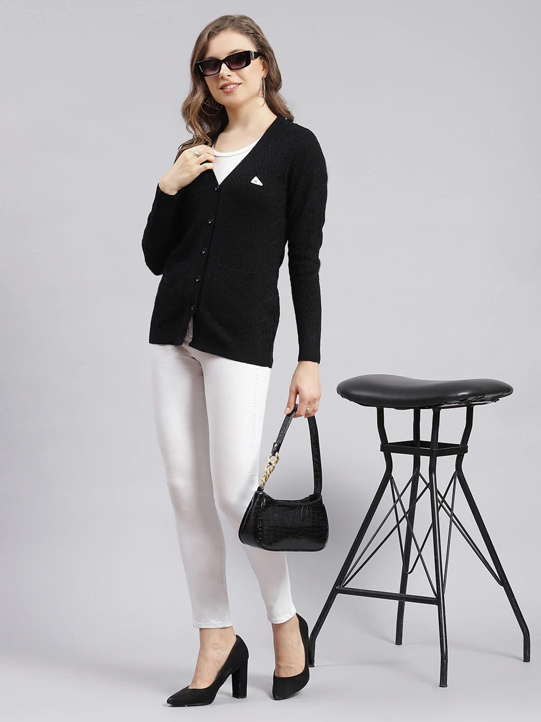 Women Black Self Design Wool blend Cardigan - Image 5