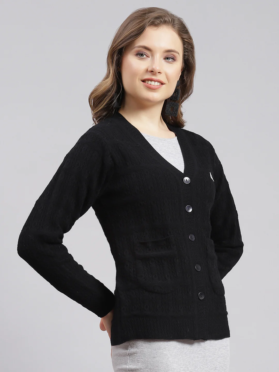 Women Black Self Design Wool blend Cardigan - Image 2