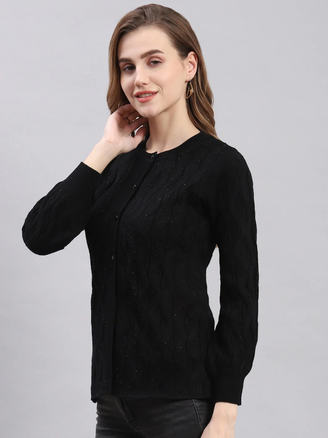 Women Black Self Design Round Neck Full Sleeve Cardigans - Image 3