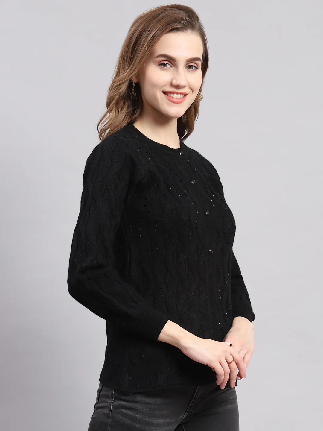 Women Black Self Design Round Neck Full Sleeve Cardigans - Image 4