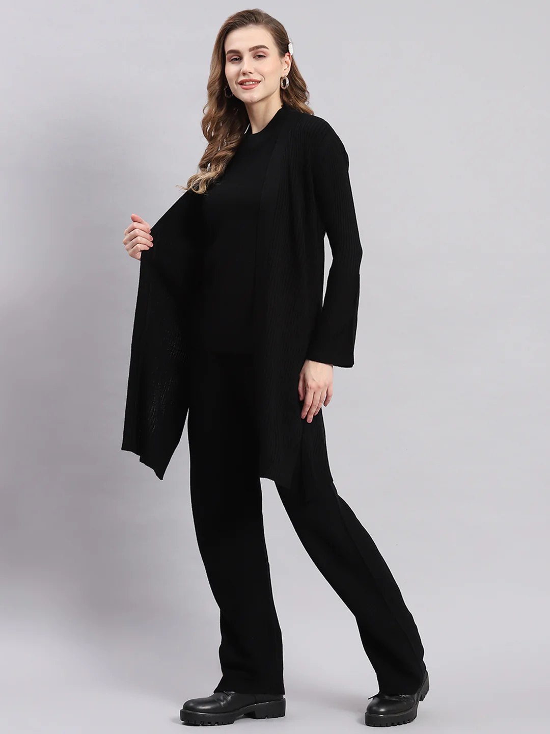 Women Black Self Design Round Neck Full Sleeve Cords Set - Image 4