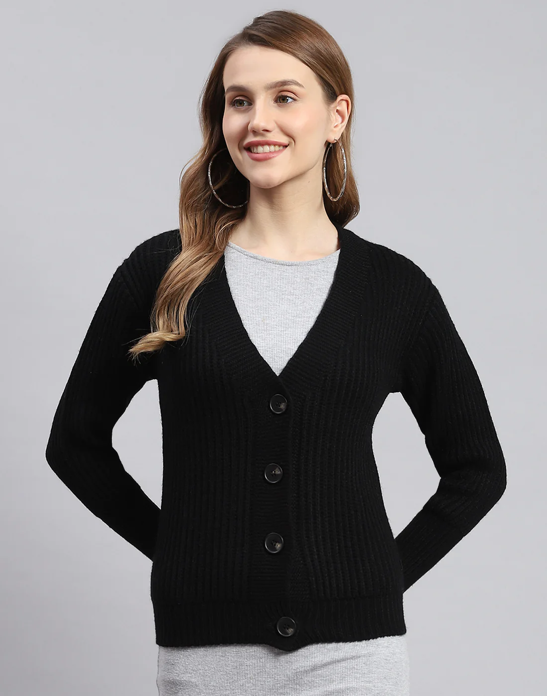Women Black Self Design V Neck Full Sleeve Cardigans - Image 2