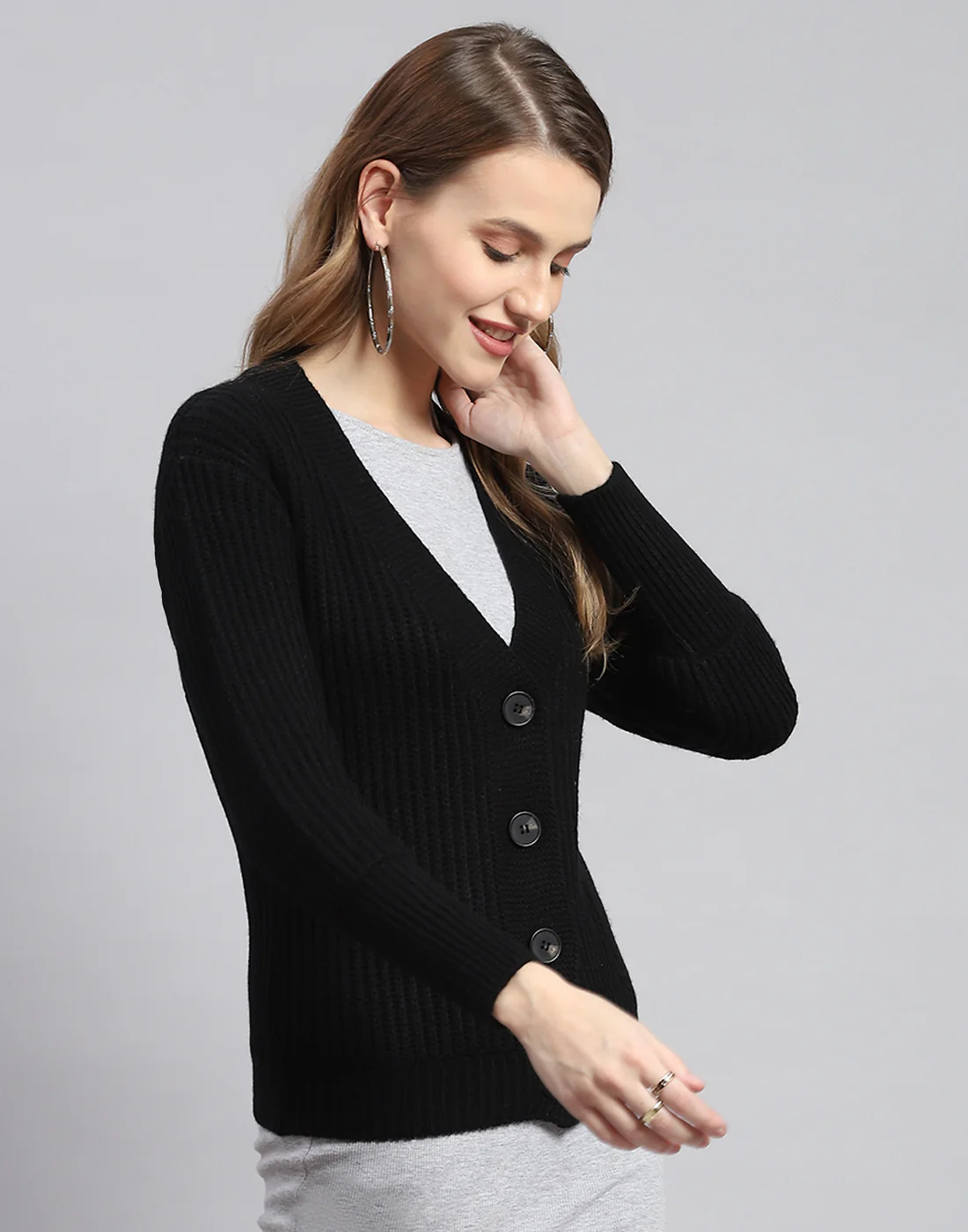 Women Black Self Design V Neck Full Sleeve Cardigans - Image 4