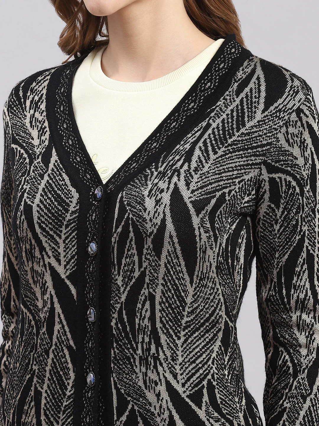 Women Black Self Design V Neck Full Sleeve Cardigans - Image 6