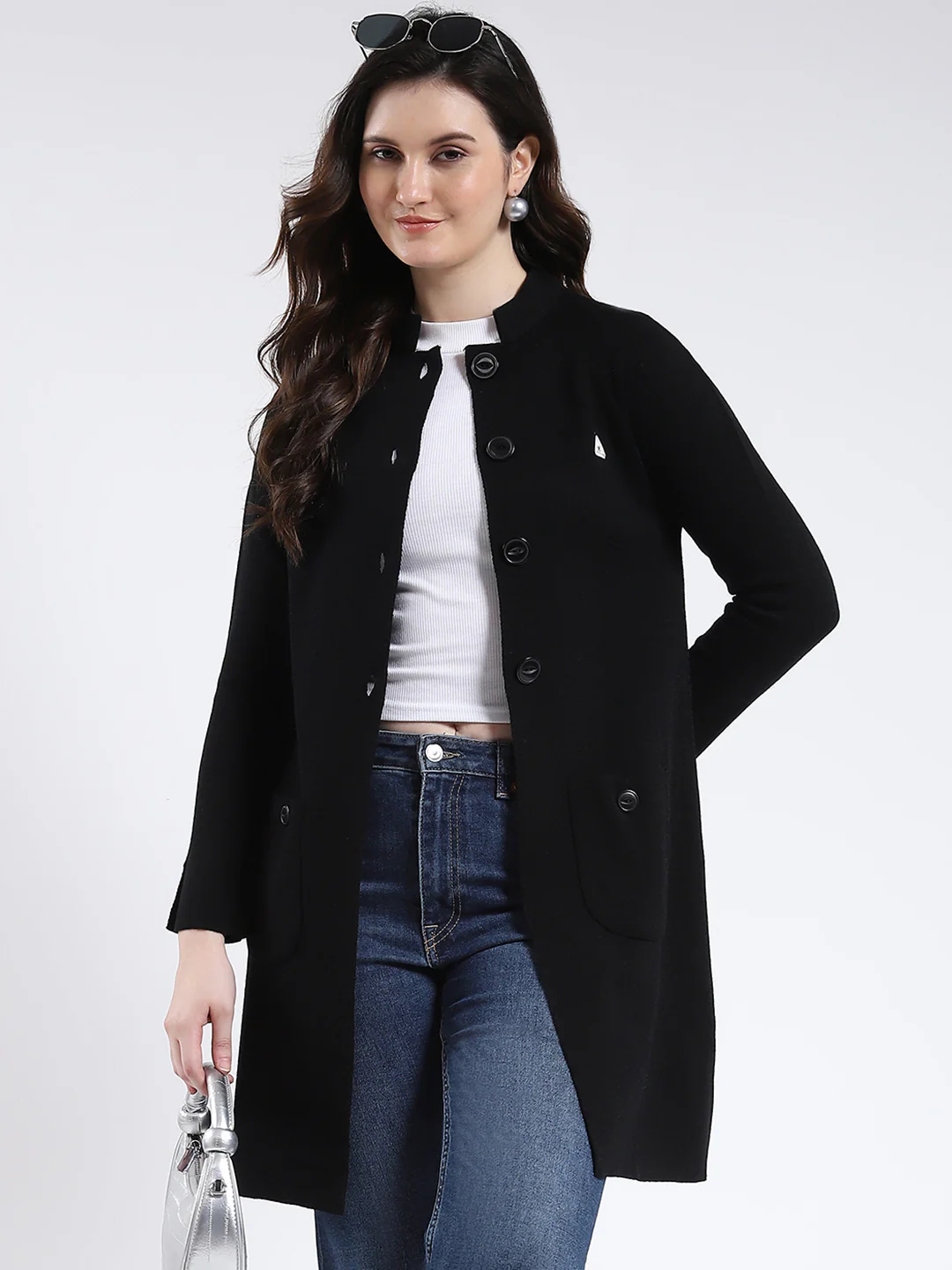 Women Black Solid Band Neck Full Sleeve Cardigan - Image 6