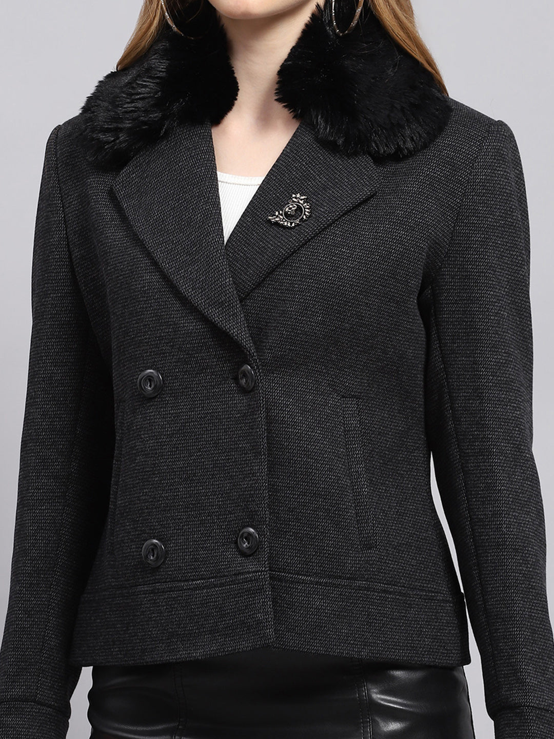 Women Black Solid Collar Full Sleeve Coat - Image 6