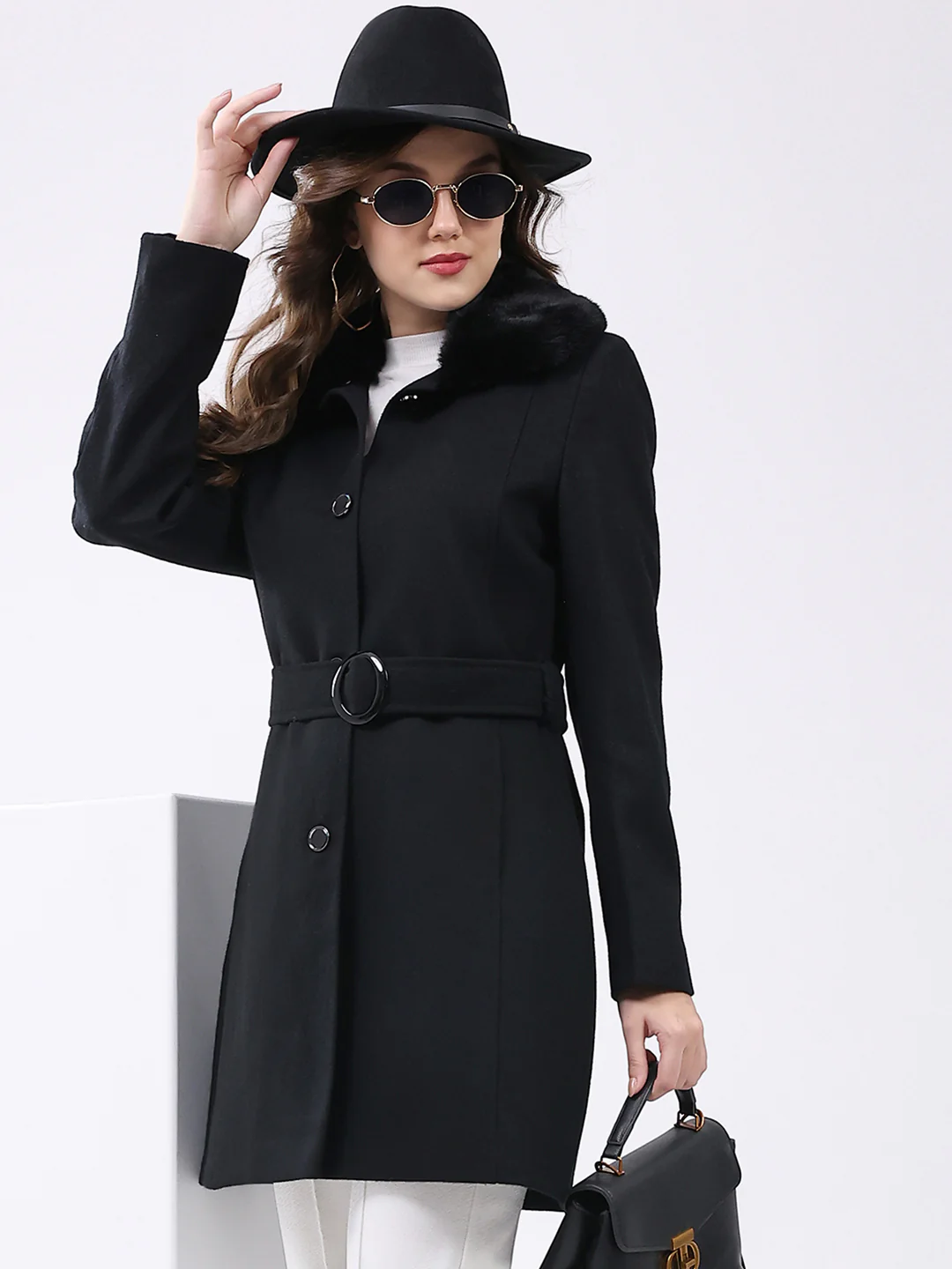 Women Black Solid Collar Full Sleeve Coat - Image 6