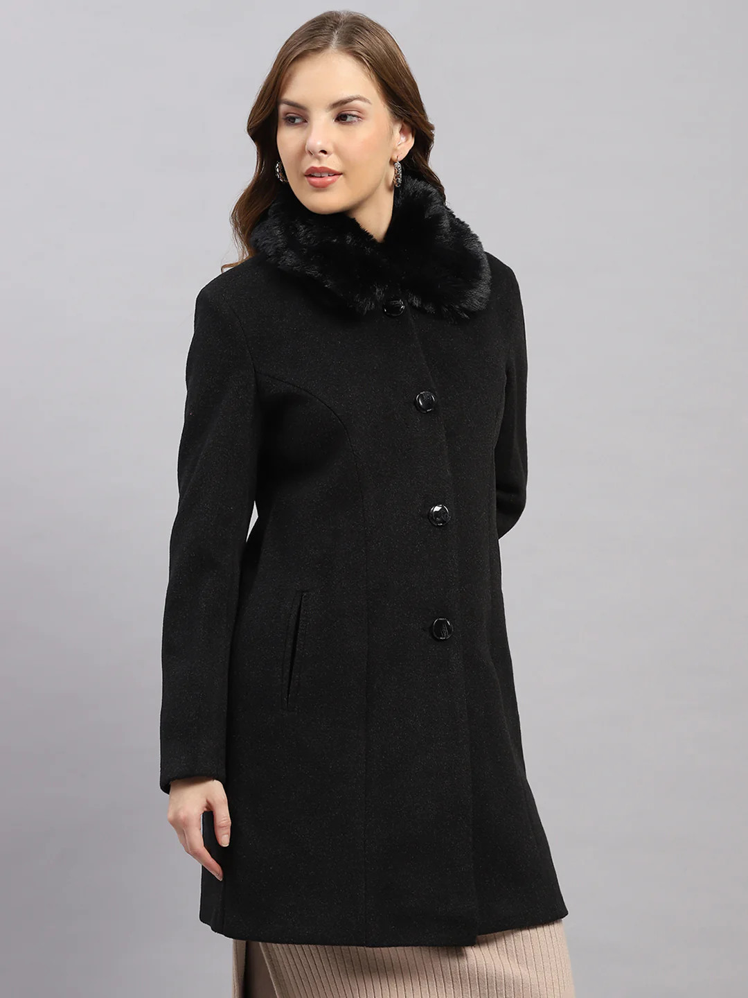 Women Black Solid Collar Full Sleeve Coat - Image 4