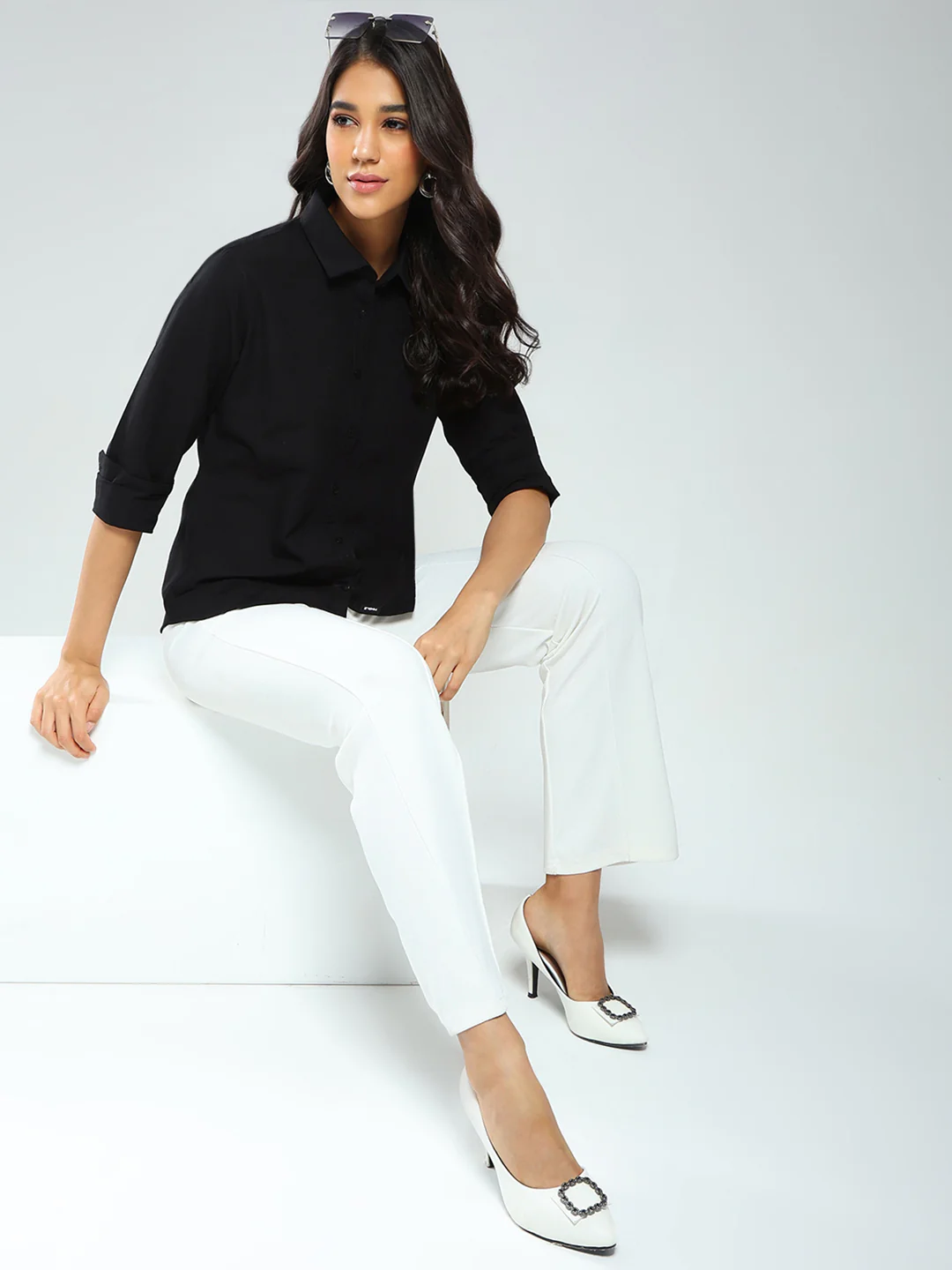 Rock.it Women Black Solid Collar Full Sleeve Shirt - Image 2